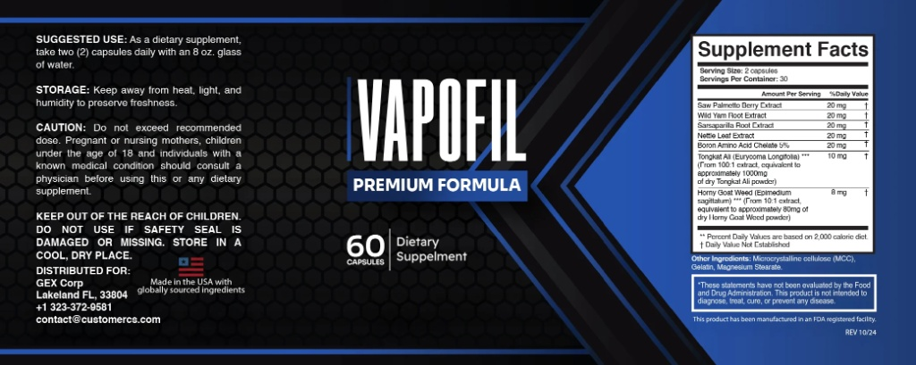 VapoFil Official Supplement Facts Label